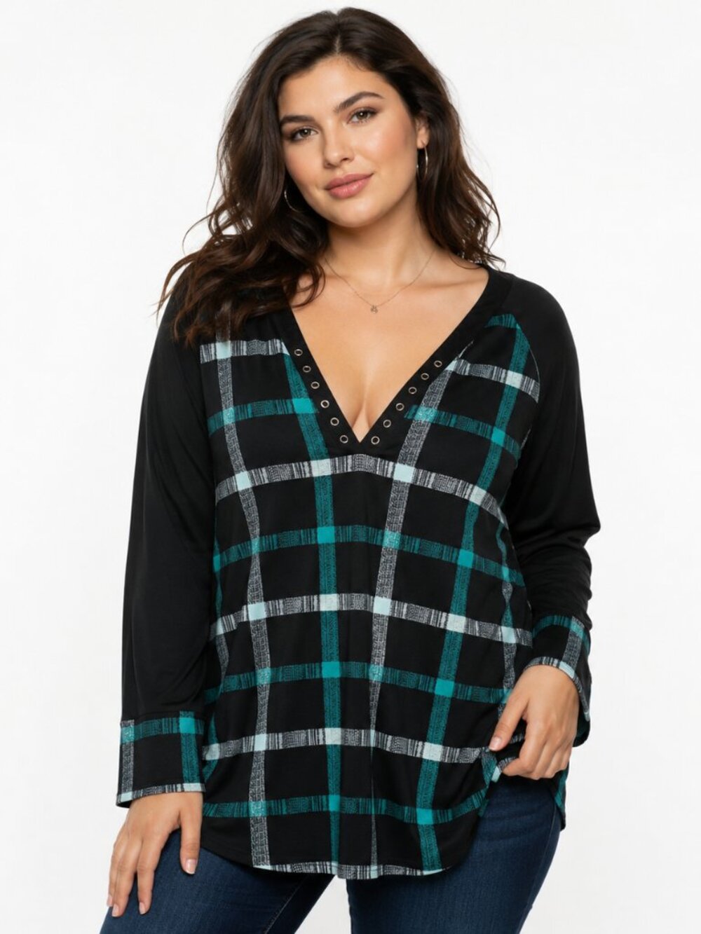 Rosegal 1X/16 Green & Black Plaid Lace Up V-Neck Long Sleeve Top (Missing Cord)
